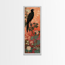 Carregar imagem no visualizador da galeria, Black Bird On Flowering Branch With Orange Background Tall Art Skinny Art Framed Canvas Print Japanese Style Art Ukiyo-e Wood Block Print
