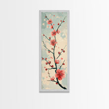 Load image into Gallery viewer, Peach Blossoms On Branch With Soft Pastel Background Tall Art Skinny Art Framed Canvas Print Japanese Style Art Ukiyo-e Wood Block Print
