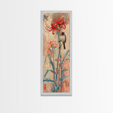 Carregar imagem no visualizador da galeria, Bird Perched On Bright Red Lily Flower Skinny Art Tall Art Framed Canvas Print Japanese Style Art Ukiyo-e Art Wood Block Print Floral Detailed
