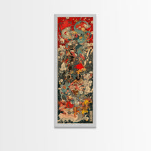 Cargar imagen en el visor de la galería, Complex Samurai Battle Scene With Mythical Creatures Framed Canvas Print Ukiyo-e Wall Art Wood Block Print Tall Art Japanese Style Skinny Art
