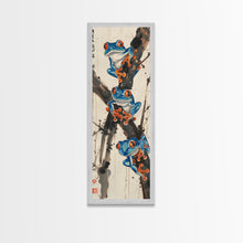 Load image into Gallery viewer, Three Blue Tree Frogs Branches Japanese Tall Wall Art Skinny Framed Canvas Print Ukiyo-e Style
