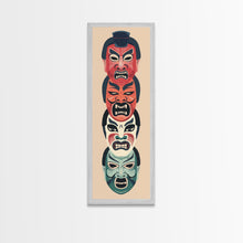 Load image into Gallery viewer, Bold Striking Japanese Kabuki Masks Vibrant Colors Depicted Traditional Style Tall Framed Canvas Print Cultural Home Decor
