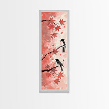 Load image into Gallery viewer, Red and Black Maple Leaves with Birds Perched on Branches Japanese Framed Canvas Print Ukiyo-e Art Skinny Tall Art
