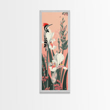 Load image into Gallery viewer, Woodpecker Perched on Stalks of Flowers against a Soft Pink Background Ukiyo-e Art Japanese Framed Canvas Print Skinny Tall Art
