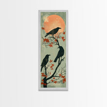 Carregar imagem no visualizador da galeria, Black Crows Japanese Art Skinny Wall Art Framed Canvas Print on Branches with Red Maple Leaves Against Warm Orange Sun
