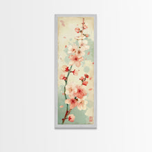 Cargar imagen en el visor de la galería, Cherry Blossom Japanese Art Skinny Wall Art Framed Canvas Print in Light Pastel Colors on Branch Against Subtle Green Background
