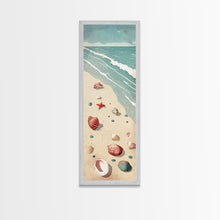 Load image into Gallery viewer, Japanese Style Art Featuring A Serene Beach Scene With Seashells And Gentle Waves, Skinny Art, Tall Art, Ukiyo-e Art, Framed Canvas Print, Wood Block Print
