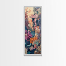 Load image into Gallery viewer, Framed Canvas Print Of A Coral Reef Scene Filled With Vibrant Marine Life, Skinny Art, Tall Art, Japanese Style Art, Ukiyo-e Art, Wood Block Print
