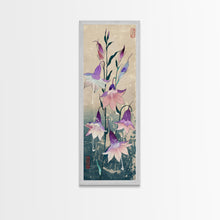 Load image into Gallery viewer, Tall Art Featuring Elegant Bellflowers In Soft Purples And Pinks Against A Muted Background, Skinny Art, Japanese Style Art, Ukiyo-e Art, Framed Canvas Print, Wood Block Print
