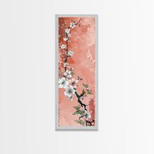 Load image into Gallery viewer, Skinny Art Tall Art Cherry Blossoms Wood Block Print Japanese Style Art With Delicate Branches On Soft Pink Background Framed Canvas Print
