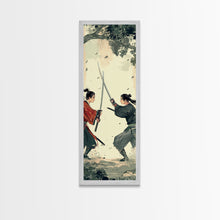 Load image into Gallery viewer, Skinny Art Tall Art Samurai Duel Wood Block Print Japanese Style Art Intense Battle Between Two Warriors Framed Canvas Print
