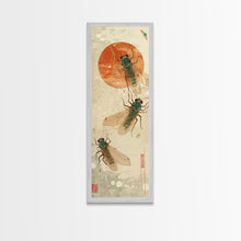 Load image into Gallery viewer, Detailed Depiction Of Cicadas Against Warm Sunset Background Ukiyo-e Skinny Tall Wood Block Framed Canvas Print Japanese Style Art
