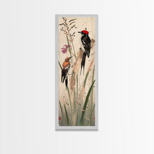 Load image into Gallery viewer, Detailed Woodpeckers Perched On Stems Amid Nature For Rustic Wall Art Ukiyo-e Japanese Style Art Skinny Framed Canvas Print
