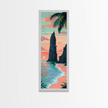 Load image into Gallery viewer, Towering Coastal Rock Formation During Sunset With Palm Trees For Serene Beach Wall Art Japanese Style Framed Canvas Print
