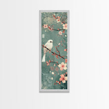 Load image into Gallery viewer, White Bird Perched On A Branch With Blossoms – Framed Canvas Print Combining Skinny Art And Tall Art Inspired By Ukiyo-E Art And Japanese Style Art
