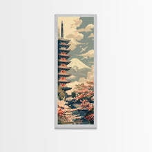 Load image into Gallery viewer, Japanese Pagoda With Mt Fuji And Cherry Blossoms – Framed Canvas Print Featuring Skinny Art Tall Art, Highlighting Ukiyo-E Art And Japanese Style Art
