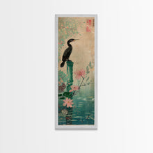 Load image into Gallery viewer, Tall Skinny Art Japanese Style Wood Block Print Bird Perched On Bamboo By A Pond With Flowers In Ukiyo-e Style For Framed Canvas Print
