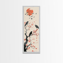 Load image into Gallery viewer, Crows On Bare Tree Branches Against Red Sun Skinny Art Wood Block Print Japanese Style Art Framed Canvas Print Tall Art Ukiyo-e Art
