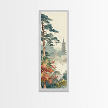 Load image into Gallery viewer, Pagoda And Pine Tree In Misty Landscape Skinny Art Wood Block Print Japanese Style Art Framed Canvas Print Tall Art Ukiyo-e Art
