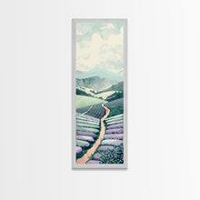 Load image into Gallery viewer, Tranquil Lavender Fields Skinny Art Tall Art Japanese Ukiyo-e Inspired Landscape Framed Canvas Print for Serene Living Spaces
