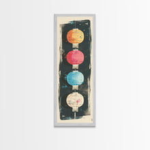 Load image into Gallery viewer, Colorful Lanterns Hanging in a Vertical Row with Abstract Background - Skinny Art, Japanese Wall Decor, Framed Canvas Print, Ukiyo-e Style
