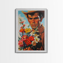 Load image into Gallery viewer, Cowboy with Bouquet of Flowers - Framed Canvas Print, Western Living Room Art, Rustic Bedroom Decor, Americana Art, Wall Art
