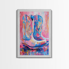 Load image into Gallery viewer, Blue and Pink Cowboy Boots with Floral Background - Framed Canvas Print, Rustic Western Wall Art, Vibrant Boot Art for Home Decor
