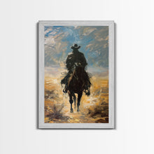 Load image into Gallery viewer, Lone Cowboy Riding into Sunset - Framed Canvas Print, Western Art, Living Room Decor, Cowboy Art for Bedroom, Rustic Wall Art
