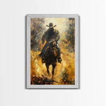 Load image into Gallery viewer, Cowboy Riding Horse into the Distance - Framed Canvas Print, Western Art, Rustic Decor, Living Room Wall Art, Cowboy Themed Art
