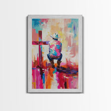 Carregar imagem no visualizador da galeria, Abstract Cowboy with Cross in Bold Hues - Framed Canvas Print, Modern Western Decor, Vibrant Cowboy Wall Art for Living Room or Bedroom
