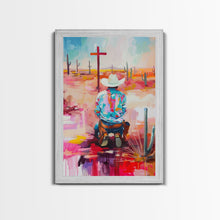 Carregar imagem no visualizador da galeria, Abstract Cowboy Kneeling by Cross Art - Framed Canvas Print, Modern Southwestern Decor, Vibrant Living Room Wall Art
