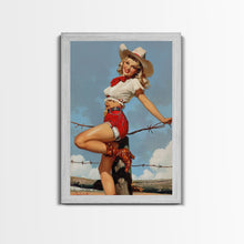 Load image into Gallery viewer, Vintage Cowgirl Pin-Up Art Print, Retro Western Framed Canvas, Classic Pin-Up Girl in Cowboy Hat and Boots, Unique Wall Decor
