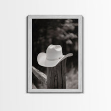 Load image into Gallery viewer, Cowboy Hat on a Wooden Fence Post in Rustic Black and White Photography for Western Home Decor, Canvas Prints, Wall Art for Living Room

