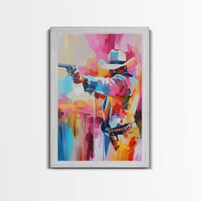 Load image into Gallery viewer, Dynamic Cowboy with Gun - Framed Canvas Print, Action-Packed Western Art, Bold Cowboy Wall Art for Living Room Decor
