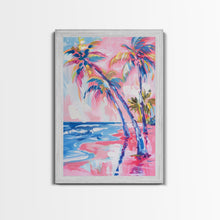 Load image into Gallery viewer, Vibrant Palm Trees and Ocean Waves in Abstract Style - Framed Canvas Print, Coastal Wall Art, Tropical Beach Decor for Living Room
