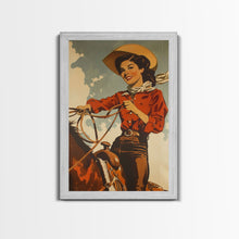 Cargar imagen en el visor de la galería, Classic Cowgirl with Red Outfit on Horse | Framed Canvas Print | Western Wall Art | Living Room Decor | Rustic Home Decor

