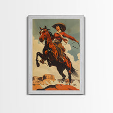 Load image into Gallery viewer, Elegant Cowgirl Commanding Horse | Framed Canvas Print | Western Wall Art | Living Room Decor | Rustic Home Decor
