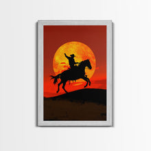 Load image into Gallery viewer, Cowboy Silhouette on Horseback at Sunset | Framed Canvas Print | Western Landscape Art | Rustic Cowboy Wall Art for Living Room
