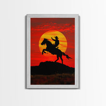 Load image into Gallery viewer, Dynamic Cowboy Horse Ride Silhouette at Sunset | Framed Canvas Print | Western Wall Art | Sunset Horseback Wall Art for Home Decor
