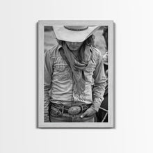 Load image into Gallery viewer, Cowboy with Hat and Scarf Looking Down in Black and White for Western Wall Art, Canvas Prints, Home Decor, Living Room Art, Bedroom Art

