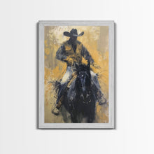 Load image into Gallery viewer, Cowboy in Full Gear Riding Horse - Framed Canvas Print, Western Wall Art, Rustic Decor, Living Room and Bedroom Art Print
