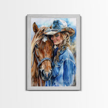 Load image into Gallery viewer, Cowgirl with Horse in Denim Outfit - Framed Canvas Print, Western Wall Art, Rustic Decor, Living Room and Bedroom Art Print
