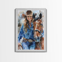 Load image into Gallery viewer, Cowgirl Embracing Horse with Hat - Framed Canvas Print, Western Wall Art, Rustic Decor, Living Room and Bedroom Art Print
