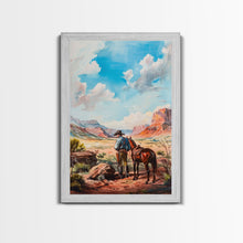 Load image into Gallery viewer, Cowboy and Horse Desert Scene Art - Framed Canvas Print, Western Living Room Decor, Cowboy Wall Art, Desert Home Decoration
