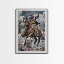 Load image into Gallery viewer, Framed Canvas Print, Cowboy Riding Horse with Gun Wall Art, Western Style Artwork for Living Room or Bedroom Decor, Dynamic Home Art Piece
