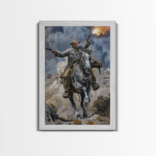 Load image into Gallery viewer, Framed Canvas Print, Dynamic Cowboy Shooting Pistols Wall Art, Western Decor for Living Room or Bedroom, Exciting Wall Art, Home Decoration
