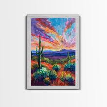 Load image into Gallery viewer, Framed Canvas Print, Cacti and Mountains at Sunset Wall Art, Vibrant Southwest Decor for Living Room or Bedroom, Nature Art Decoration Piece
