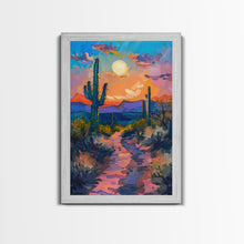 Load image into Gallery viewer, Framed Canvas Print, Colorful Desert Sunset with Cacti Wall Art, Southwest Landscape for Living Room or Bedroom, Vibrant Wall Art Piece

