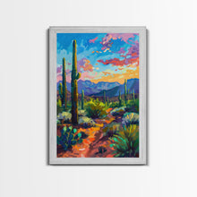 Load image into Gallery viewer, Framed Canvas Print, Cactus and Desert Path Wall Art, Vibrant Southwest Landscape for Living Room or Bedroom, Nature Art Poster Piece
