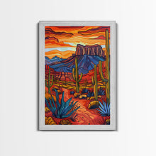Load image into Gallery viewer, Framed Canvas Print, Bold Desert Landscape with Saguaro Cacti and Mountains, Unique Wall Art for Living Room or Bedroom
